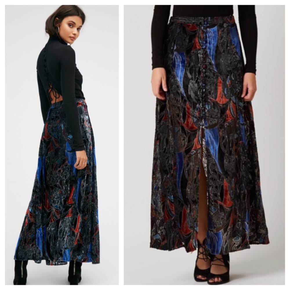 Free People Velvet Maxi Skirt in Black, Blue & Red